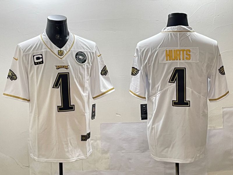 Men Philadelphia Eagles #1 Hurts White gold Throwback 2025 Nike Vapor Limited NFL Jersey style 3->philadelphia eagles->NFL Jersey